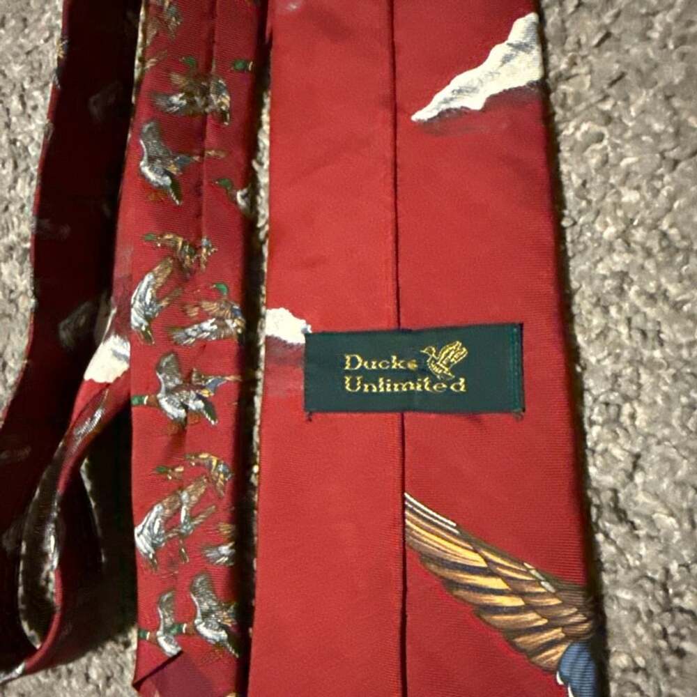 Ducks Unlimited Vintage Red Silk Necktie with Mallard Duck and Water Scene